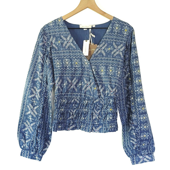 NEW Anthropologie Embroidered Smocked Blue Blouse - Size: Small - Picture 4 of 7